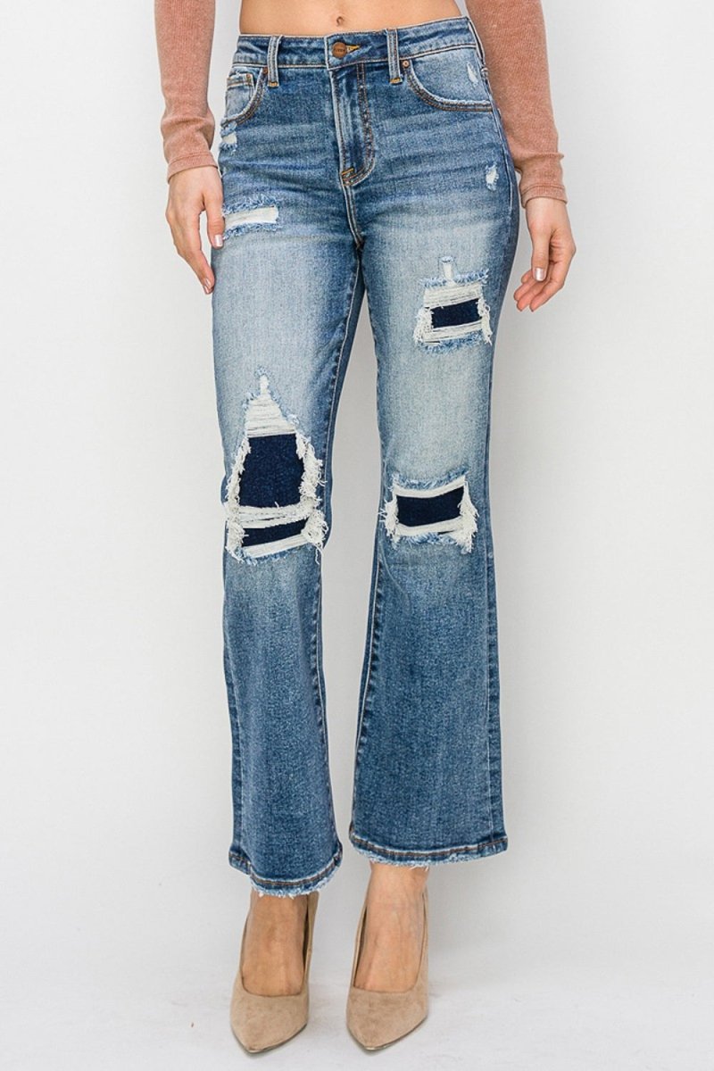 Risen Full Size High Rise Distressed Ankle Flare Jeans - Love Salve